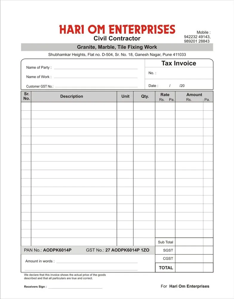 Invoice Bill Book Printing Services